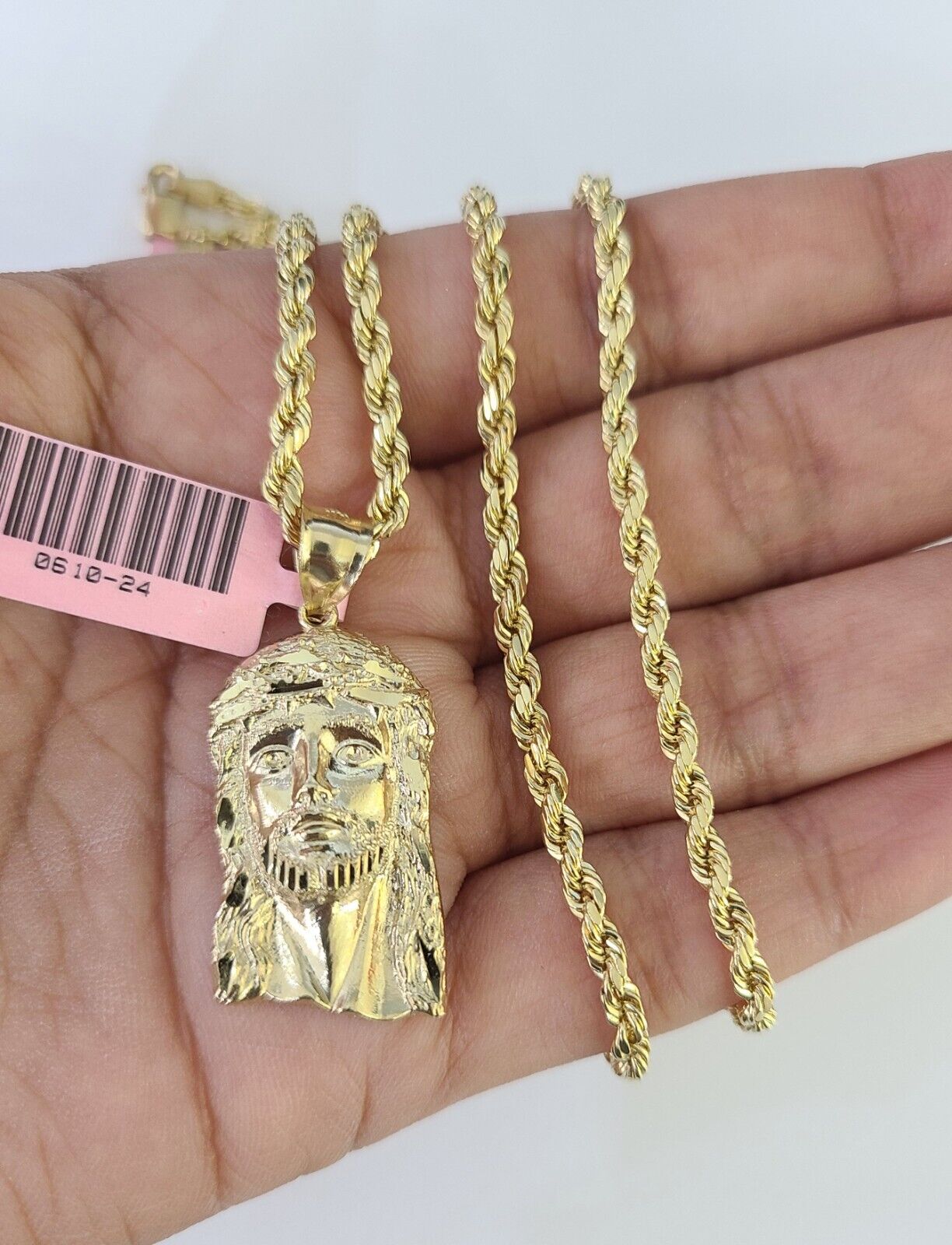 Real 14k Rope Chain Jesus Head Charm Set Yellow Gold 4mm 18 - 30" Necklace Pendant - GoldenlinQ